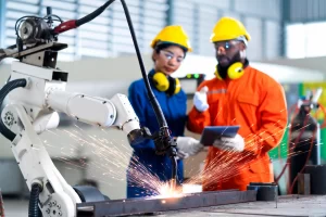 Male and female engineers using devices to control a welding machine