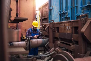 Man inspecting machinery in industrial setting